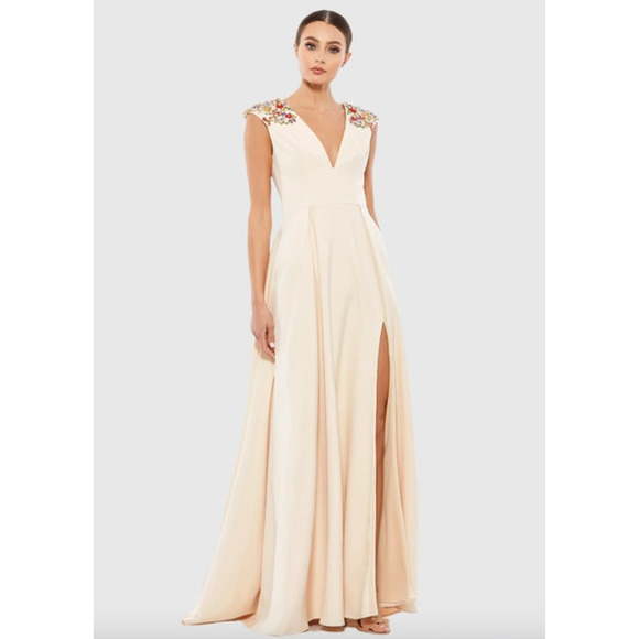 MAC DUGGAL Dress Size 0 Evening Gown Cream Sequin Beaded Cap Sleeve Slit - Picture 1 of 6